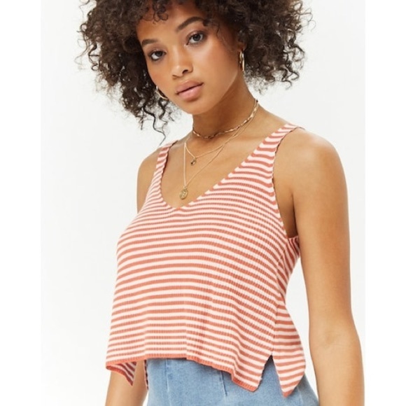 Forever 21 Tops - Forever 21 Striped Ribbed Knit Crop Tank Top Orange White Size M